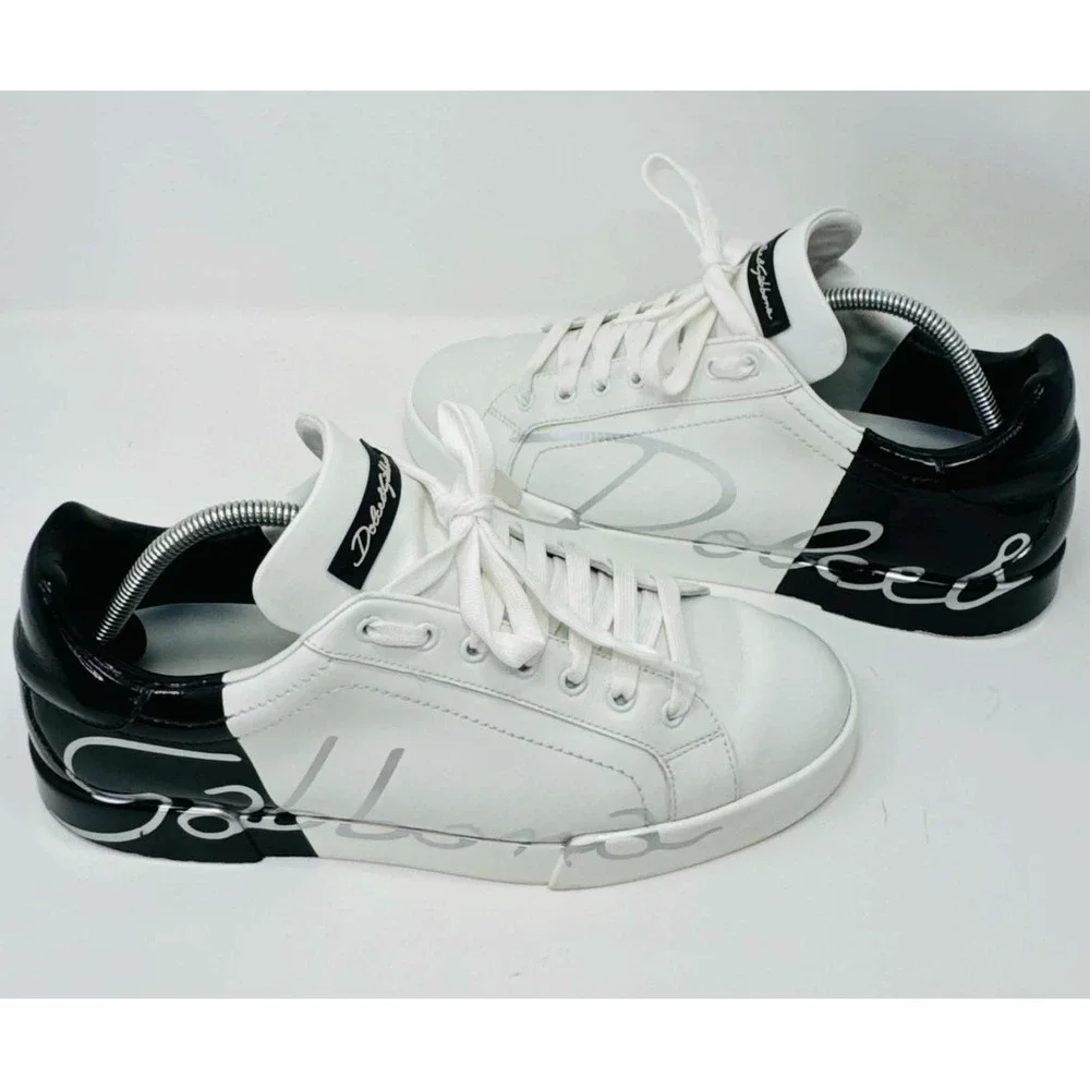 Dolce & Gabbana Portofino Logo Leather Sneakers White Black Men's 9 CS1600 Luxe